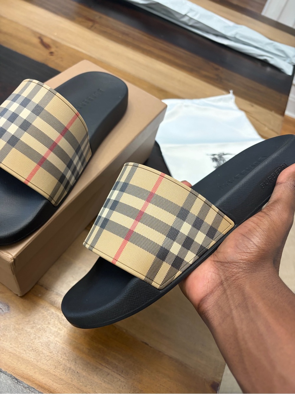 Burberry Tan Check Slide Sandals with Black Footbed